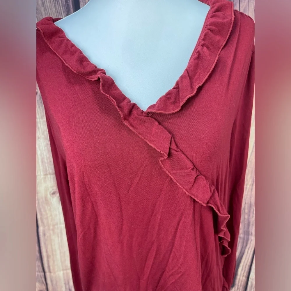 J. Crew Mercantile burgundy red ruffle V-neck  blouse women’s size L - Picture 12 of 16